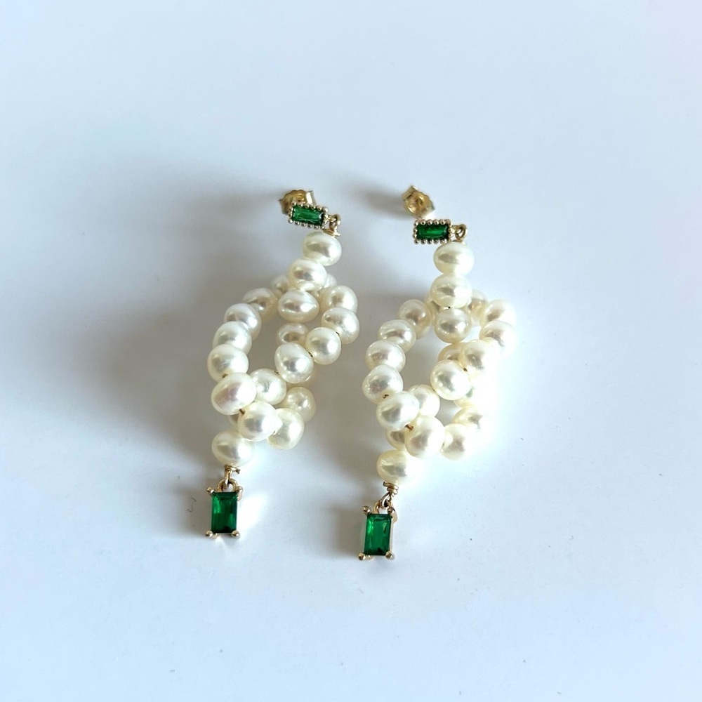 NTS Studio Pearl Drop and Green Baguette Stone Earrings